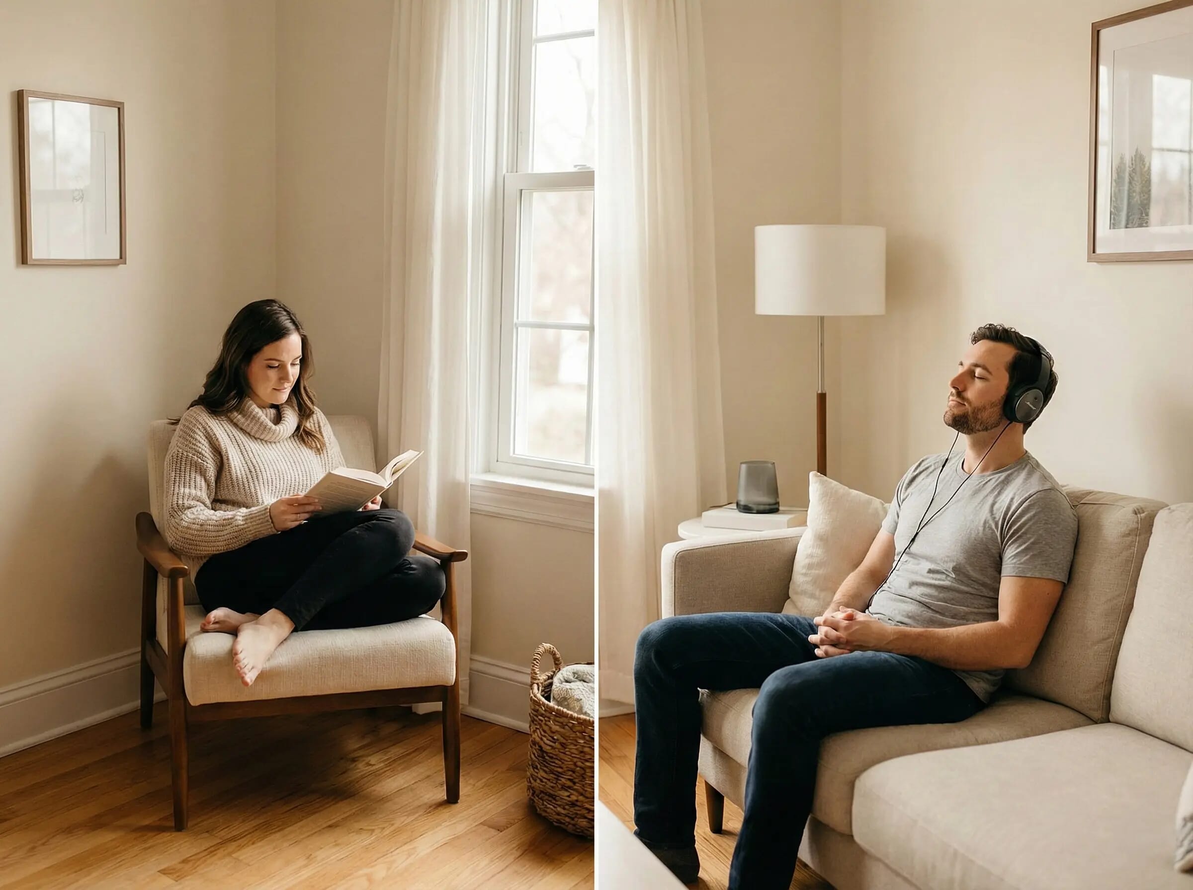 İlişkilerde çatışma çözümü için mola verme yöntemini uygulayan, ayrı alanlarda kitap okuyarak sakinleşen kadın ve erkek