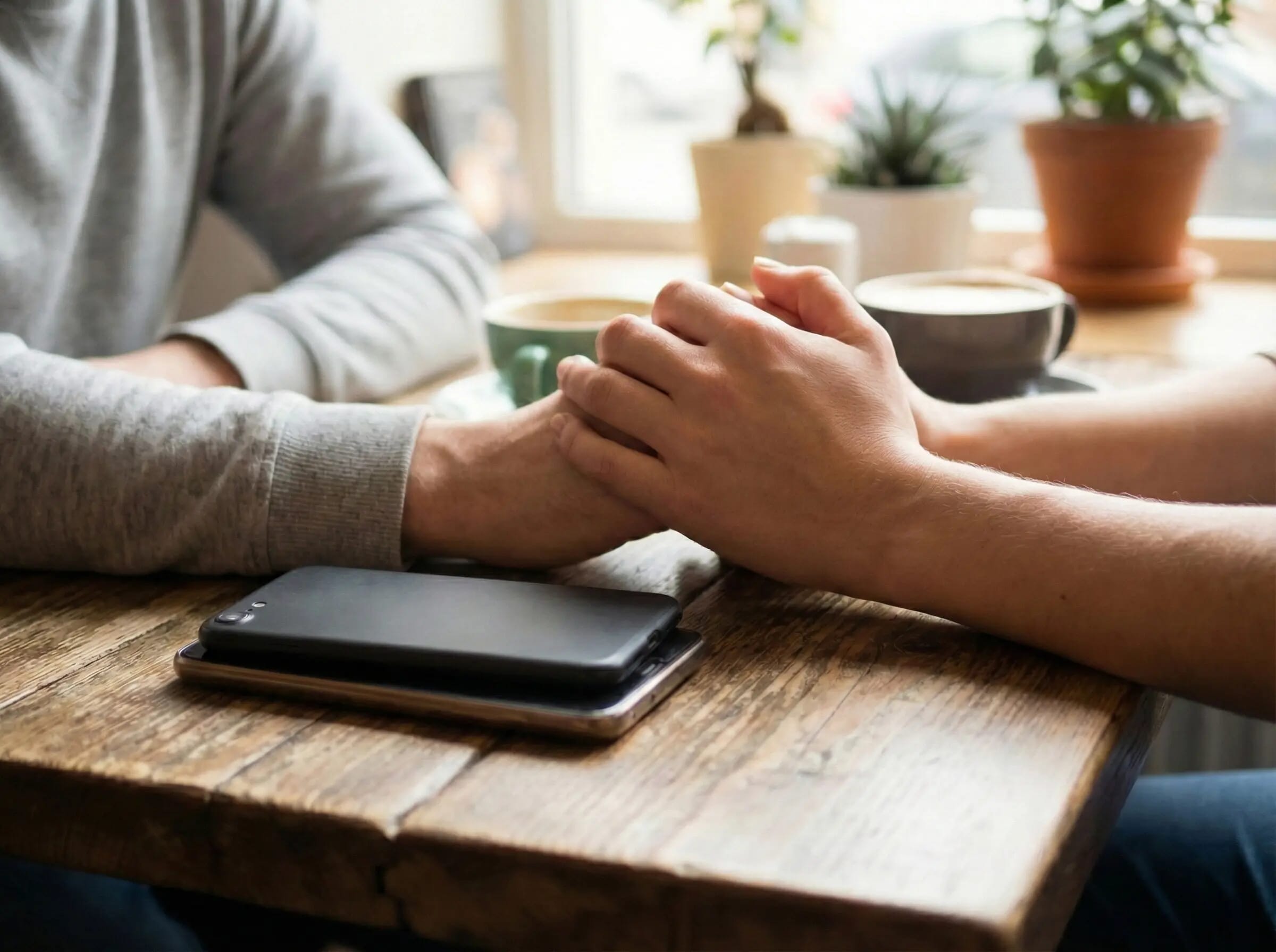 Sağlıklı iletişim için dijital detoks yapan ve masaya ters bırakılmış telefonlar eşliğinde el ele tutuşarak bağ kuran mutlu bir çift.