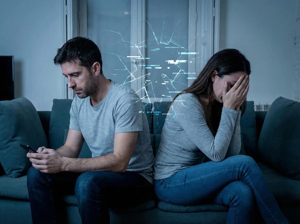 Çift terapisi seanslarında sıkça karşılaşılan, birbirine sırtını dönmüş üzgün çift ve modern ilişkilerde duyulmama hissi ile gelen iletişimsizlik.