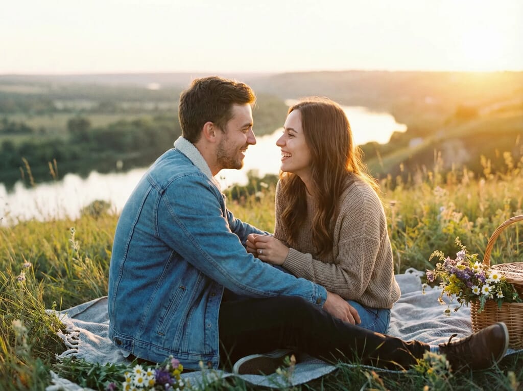 Modern ilişkilerde derin duyum ve onaylama teknikleri sayesinde güneş batımında sağlıklı iletişim kuran mutlu bir çift.