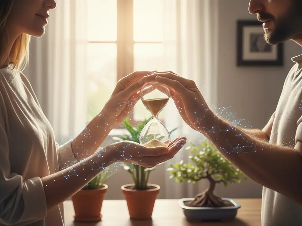 Güven tazeleme sürecinde tutarlılığı simgeleyen, kum saatini birlikte tutan ve zamanla iyileşen bir çift görseli.