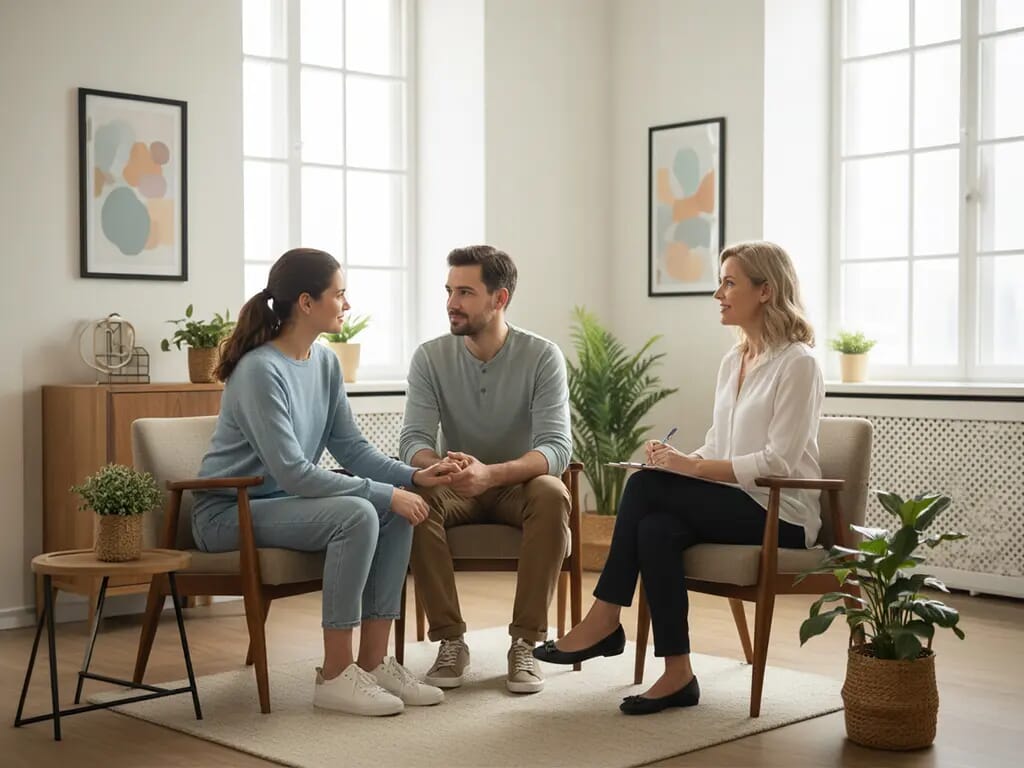 Sağlıklı iletişim ve güven inşası için bir uzman eşliğinde çift terapisi alan, çözüm odaklı görünen çift ve terapist.