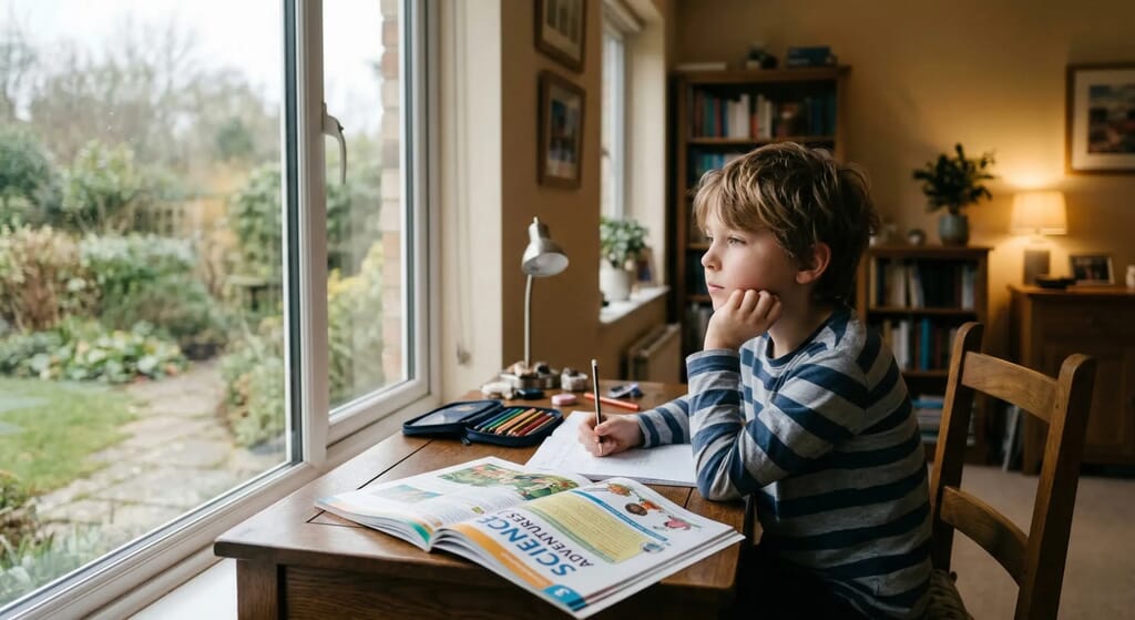 Ders çalışırken dikkati dağılmış çocuk görseli - Çocuklarda dikkat eksikliği belirtileri.