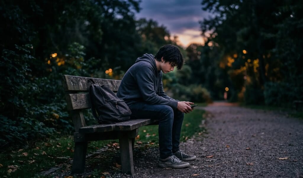 Yalnız başına oturan ve içsel çatışma yaşayan bir genç, davranış bozukluğu belirtileri duygusal analizi